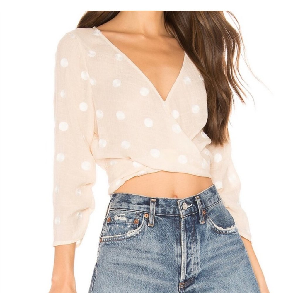 L'academie Adalene Polka Dot Cropped Wrap Top Cream and White